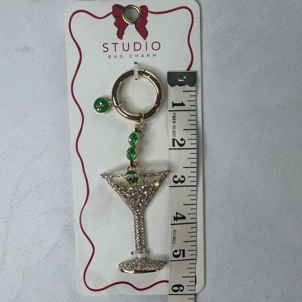 Studio Bag‎ Charm Martini Cocktail Glass Rhinestone Keychain Gold Tone